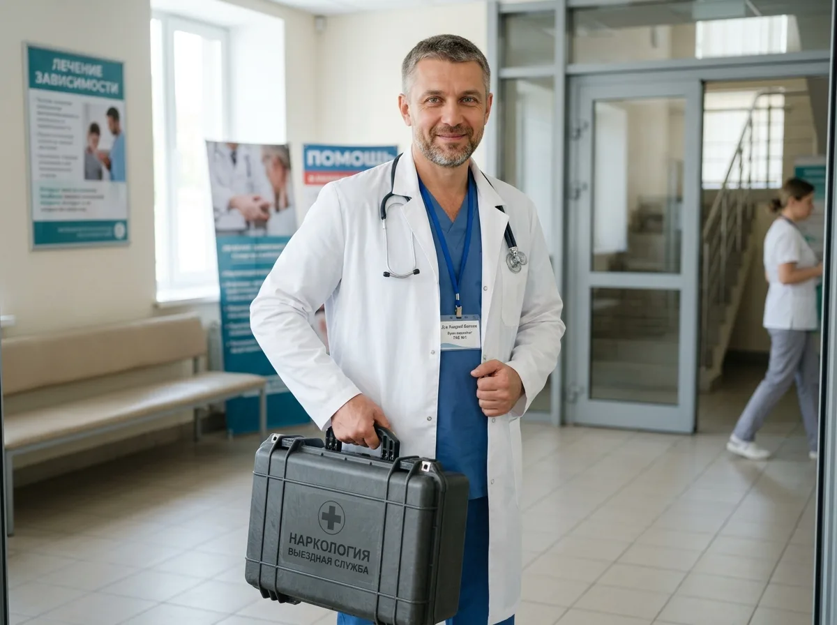 Врач-нарколог в белом халате с медицинским чемоданчиком готовится к выезду на вызов, светлый профессиональный фон, уверенный взгляд, доверительная атмосфера