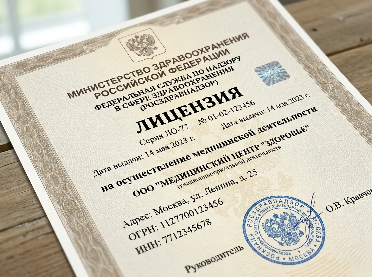 Скан медицинской лицензии Росздравнадзора на бланке с гербом, крупный план текста документа, светлый официальный фон