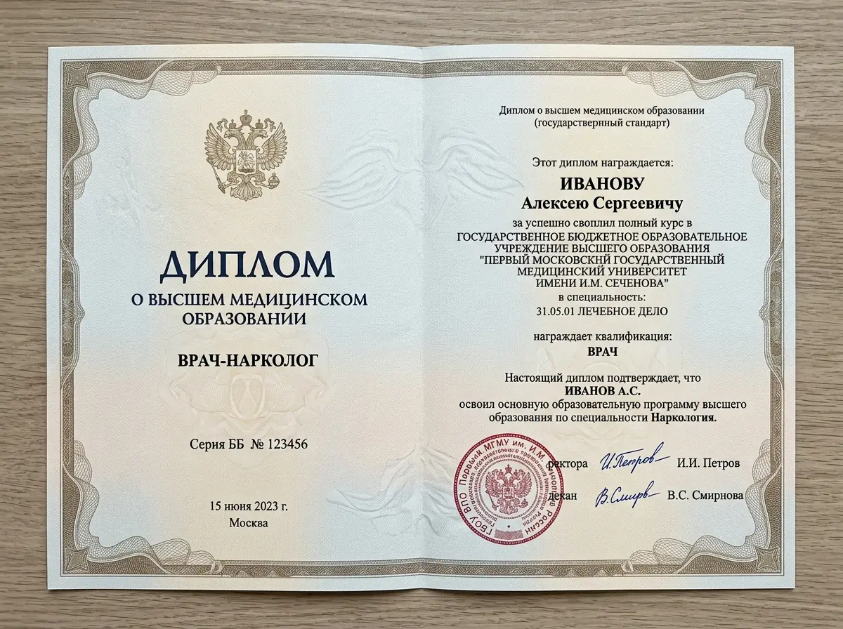 Диплом о высшем медицинском образовании врача-нарколога, государственный образец, крупный план, нейтральный фон